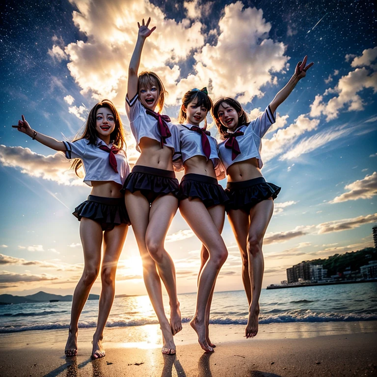 ManoErina, Masterpiece of ProfessionalPhoto ((ExtremelyDetailed (12 PICHIPICHI KAWAII Girls Floating in The Air in a row:1.37) in WHITE at Dusk Enoshima Beach)), {(Standing Full Body:1.2)|(from below:1.2)}, Different types of hair colors, {(skinny(SchoolSwimwear))|(SchoolUniform)with Tiny AthleticShorts}, {Detailed Childish hand|Hidden hand|Armpit|Different types of breasts of various sizes from HUGE to FLAT|(Clearly Visible the shape of Butt)}, Joyful Expressions LifeLike Rendering, PerfectLighting, (Dazzling Horizon Visible through ThighGap), (Starry IridescentParticles:1.22) ColorfulClouds