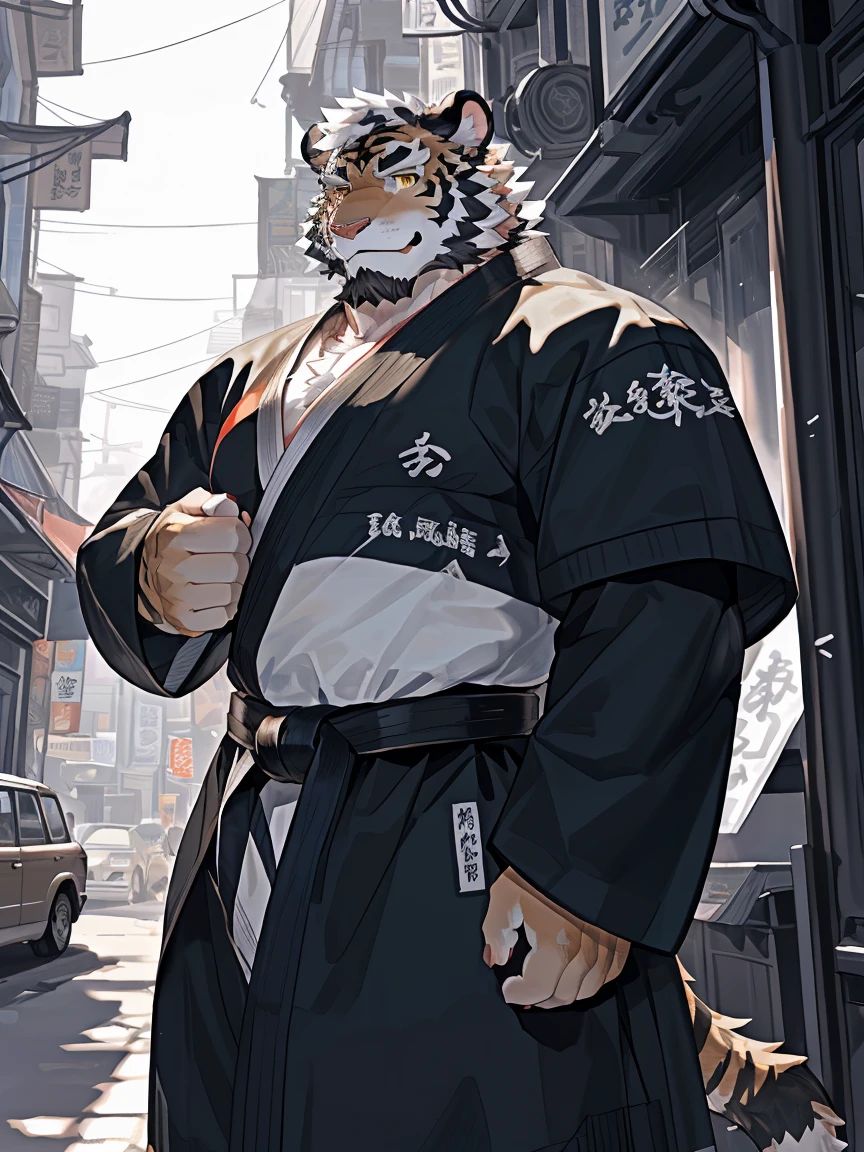 (White skintiger),(上Half Body赤膊:1.7),(Martial Arts衣服:1.4),(Holding a long sword),(Great posture),Standing quietly,(The background is a city full of ancient atmosphere,There are many busy vendors in the city:1.5),(abdominal muscles),Heroic Stance飒爽,完美的masterpiece,Various facial details,close up视图,specific description,masterpiece,(CG),(Golden Eyes),Black and white pattern,Black and white tail,General,Heroic Stance,tiger,Black and white fur,Specific facial details,Half Body,(黑白阴阳General战履),(Chang Ling),((middle aged)),(Face Focus),(16K),(HD),Black and white belly,temple,beard,(Facial lines),(Frontal overlook,),(Black and white hair),(Smirk:1.5),(muscle:1.3),(high resolution:1.3),(close up),(Delicate face:1.5),Perfect details,(Half Body),(Facial details:1.5),(Zoom in on the face:1.5),(白色Facial lines:1.2),(黑色beard:1.3),(white face:1.6),(White body),(White skin,black strips:1.3),(Fair cheeks:1.5),(White facial complexion:1.3),CG,(The smell of quackery:1.3),(Martial Arts:1.5),(knight:1.5),(Practical) (Frontal overlook:1.3)Bottoms, 8k HD, Extremely detailed,author:virtyalfobo