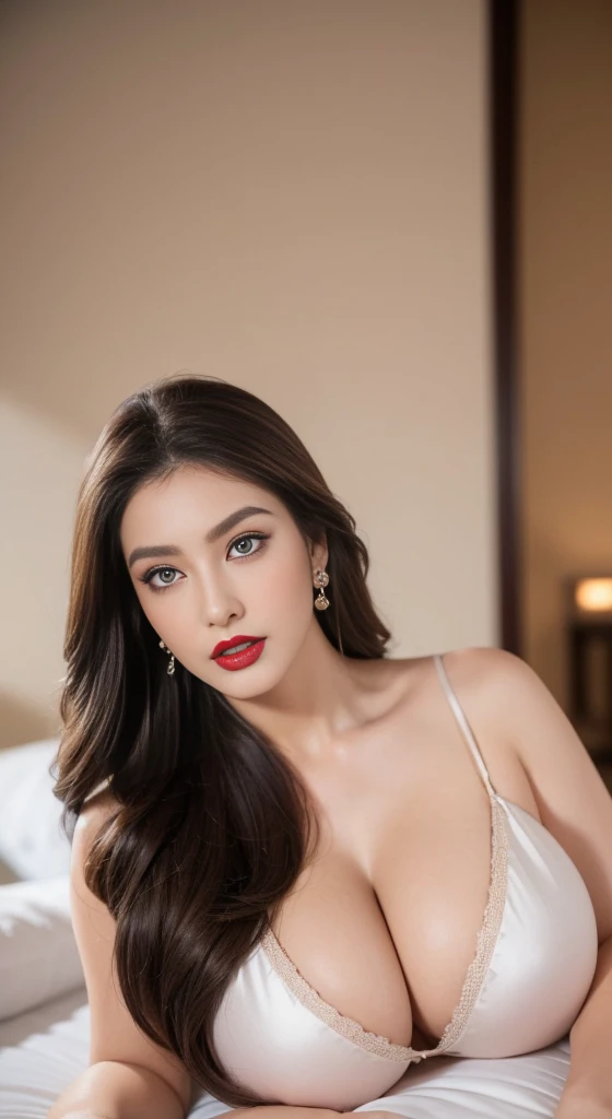 ((Maria Renata))、30 years old、white skin skin、pore skin、slim face、realistic lighting、highest quality、8K、masterpiece:1.3))、concentrated:1.2、1 girl、((Dark red lipstick:1.50、Dark blush:1.5、dark eye makeup:1.30))、perfect beauty:1.4、(anger:1.5)、30 years old、((Z cup size extra large big))、slim abs:1.1、blue eyes、fine eyes、((long brown hair、Extra massive breasts:1.3))、Brunette weave hair、Dressed in transparent silk white lingerie、 Teardrop robes、Transparent Detail Clothing、open shoulders、Very sexy outfits、headless、diamond earrings、See trough nipple、sitting on the bed、In the bedroom of a luxury hotel