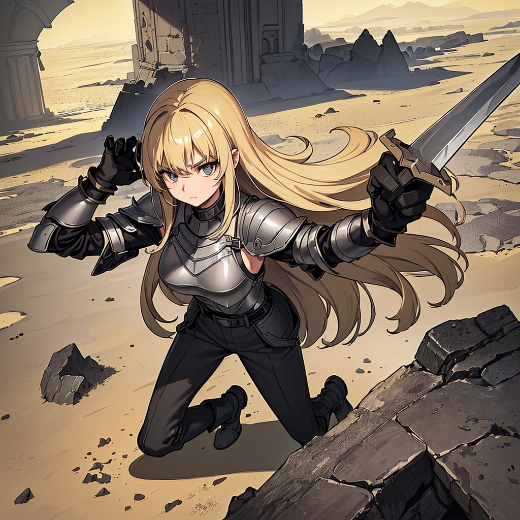 (((Solo)))、Best illustrations、Best Quality、(Full body character concept、detailed)、(((Simple grey armor、Black trousers、Black gloves、woman、18-year-old、Blonde、Long Hair)))、(((Grab the sword、Get Ready)))、(From below)、(Old ruins、desert)、Fall to the floor、(Black, muddy swamp)、From above