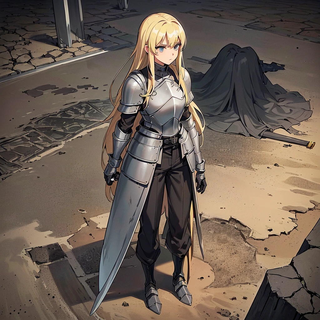 (((Solo)))、Best illustrations、Best Quality、(Full body character concept、detailed)、(((Simple grey armor、Black trousers、Black gloves、woman、18-year-old、Blonde、Long Hair)))、(((Grab the sword、Get Ready)))、(From below)、(Old ruins、desert)、Fall to the floor、(Black, muddy swamp)、From above