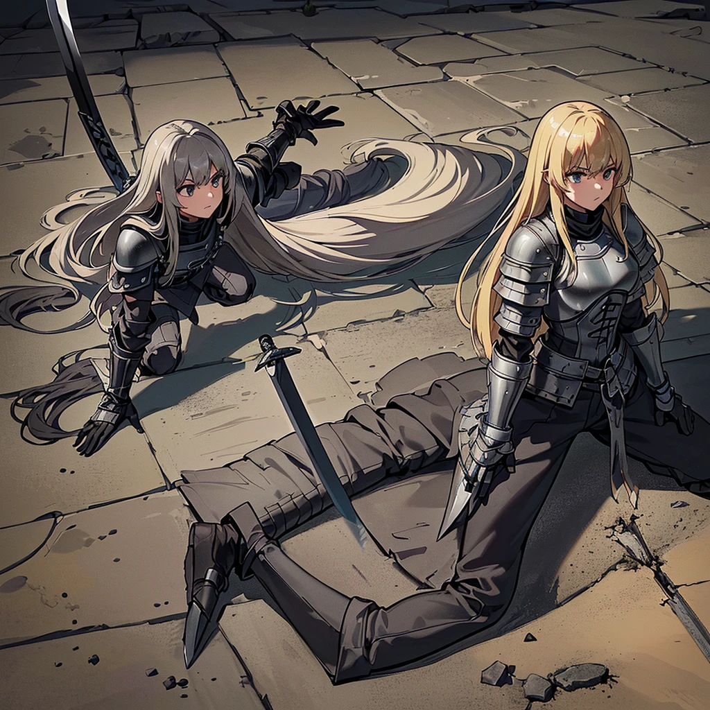 (((Solo)))、Best illustrations、Best Quality、(Full body character concept、detailed)、(((Simple grey armor、Black trousers、Black gloves、woman、18-year-old、Blonde、Long Hair)))、(((Grab the sword、Get Ready)))、(From below)、(Old ruins、desert)、Fall to the floor、(Black, muddy swamp)、From above