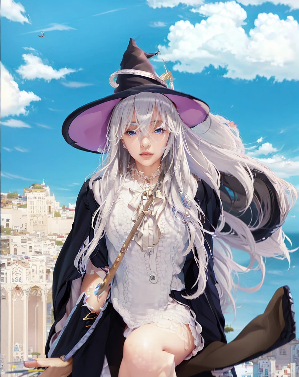( WANDERING WITCH: THE JOURNEY OF ELAINA_ELAINA),((realistic, photorealistic)),(highlight hair)), Light reflection, (( HD )),((upper body)), (((best quality, masterpiece))), (masterpiece) (best quality) (detail) (8k) (HDR) (wallpaper) (cinematic lighting) (sharp focuasterpiece, best quality: 1.1), Real life adaption of this character, realistic outfit, realistic shadow, realistic light, realism, hyper realistic, realistic background,realistic hair,(photorealistic:1.2), 1girl,Blue sky cloud background, magic city building, magical girl, witch hat, sitting on a flying broomstick, holding a magic wand, floating white hair,Fly above the clouds