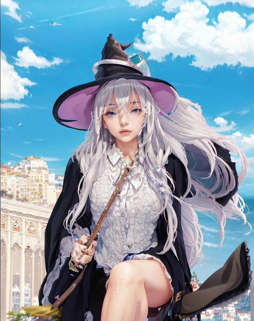 ( WANDERING WITCH: THE JOURNEY OF ELAINA_ELAINA),((realistic, photorealistic)),(highlight hair)), Light reflection, (( HD )),((upper body)), (((best quality, masterpiece))), (masterpiece) (best quality) (detail) (8k) (HDR) (wallpaper) (cinematic lighting) (sharp focuasterpiece, best quality: 1.1), Real life adaption of this character, realistic outfit, realistic shadow, realistic light, realism, hyper realistic, realistic background,realistic hair,(photorealistic:1.2), 1girl,Blue sky cloud background, magic city building, magical girl, witch hat, sitting on a flying broomstick, holding a magic wand, floating white hair,Fly above the clouds