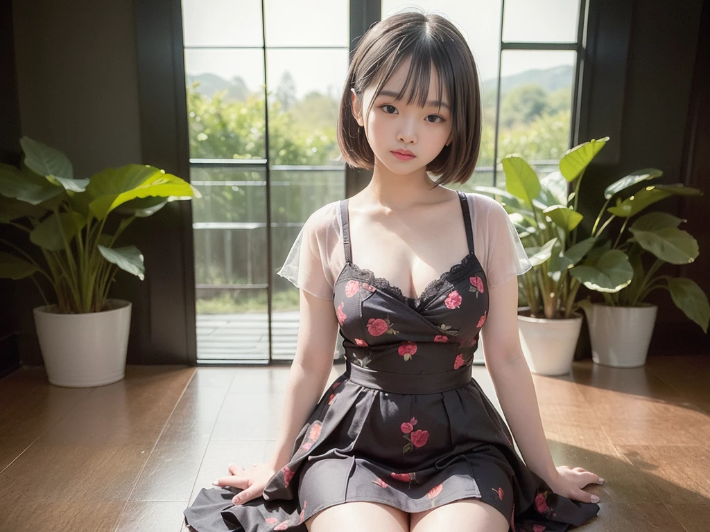 (Highest quality, masterpiece, Ultra-high resolution, 8K, RAW Photos, Realistic, Anatomically correct:1.5), 20-year-old girl:1.2, Embarrassing, avert your eyes, blush:1.0, View Viewer, ((bar)) 、Large windows、Night view、 Light:1.2, Bokeh, Cinema Lighting:1.0, Depth of written boundary, sharp、 Cute face、Idol、Wine colored short sleeve lace top、Black pleated skirt、Shiny wine-colored clothing、”dwarf”、(Floral clothes)、(Full Body Shot)、Side angle、Cowboy Shot、 smile、((Ultra short hair、Berry Short))、(Straight bangs)、((See-through))、(( One Girl))、Waist、I can see your thighs、