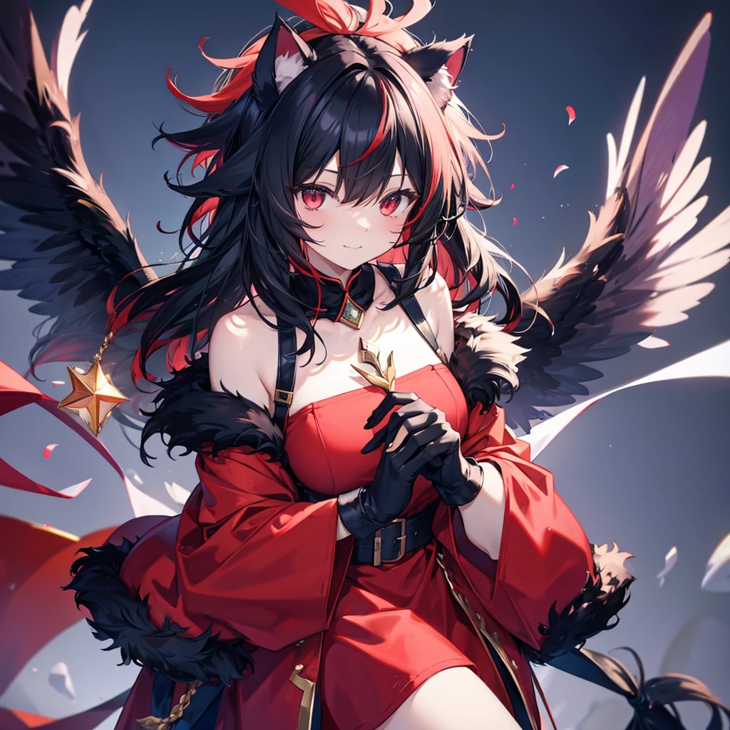((((Beastman Cat paw Cat ear)))) (((Fantasy Black Hair Dye the inside of your hair red Long Hair Dull red eyes))) ((Crystal Wings Fur clothing Wings many times larger than mine Center close-up)) ((smile gloves)) (Light star) Catch the wind Shining Background Lightの粒子, rainbow colored edges