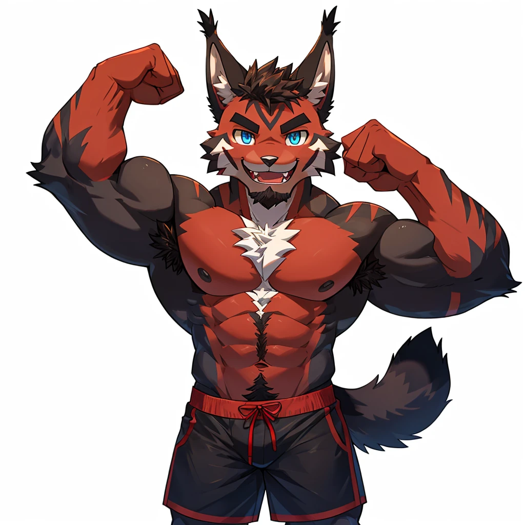 ((Furry lynx cat)), ((chibi)), chibi, chibi, body fully covered in black fur, ((fully covered in black fur)), ((black fur)), sharp fangs, sharp teeth, summer shorts outfit, cute, blue eyes, red chest hair, red eyebrows, red armpit hair, black nose, black tail, black tail with red tip, red whiskers, happy, smile, correct Anatomy, correct hand, ((white background)), (Acting happy), (hands up), enjoy, ((front view)), full body, sexy, (flexing), (muscle), black tail, black tail red tail tip, red eyebrows, red chest hair, red armpit hair