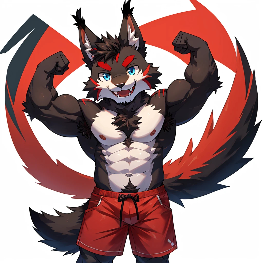 ((Furry lynx cat)), ((chibi)), chibi, chibi, body fully covered in black fur, ((fully covered in black fur)), ((black fur)), sharp fangs, sharp teeth, summer shorts outfit, cute, blue eyes, red chest hair, red eyebrows, red armpit hair, black nose, black tail, black tail with red tip, red whiskers, happy, smile, correct Anatomy, correct hand, ((white background)), (Acting happy), (hands up), enjoy, ((front view)), full body, sexy, (flexing), (muscle), black tail, black tail red tail tip, red eyebrows, red chest hair, red armpit hair