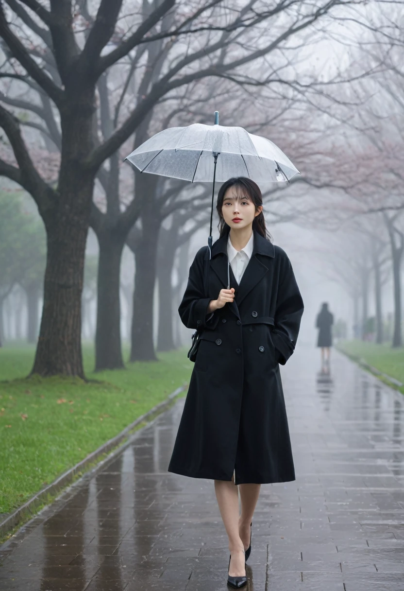 masterpiece, Delicate and perfect quality,rain, in the rain, 1 short Korean Japanese woman, black coat, walking through a foggy park, looking at viewer, Full body shot with camera 16-35 wide angle lens
