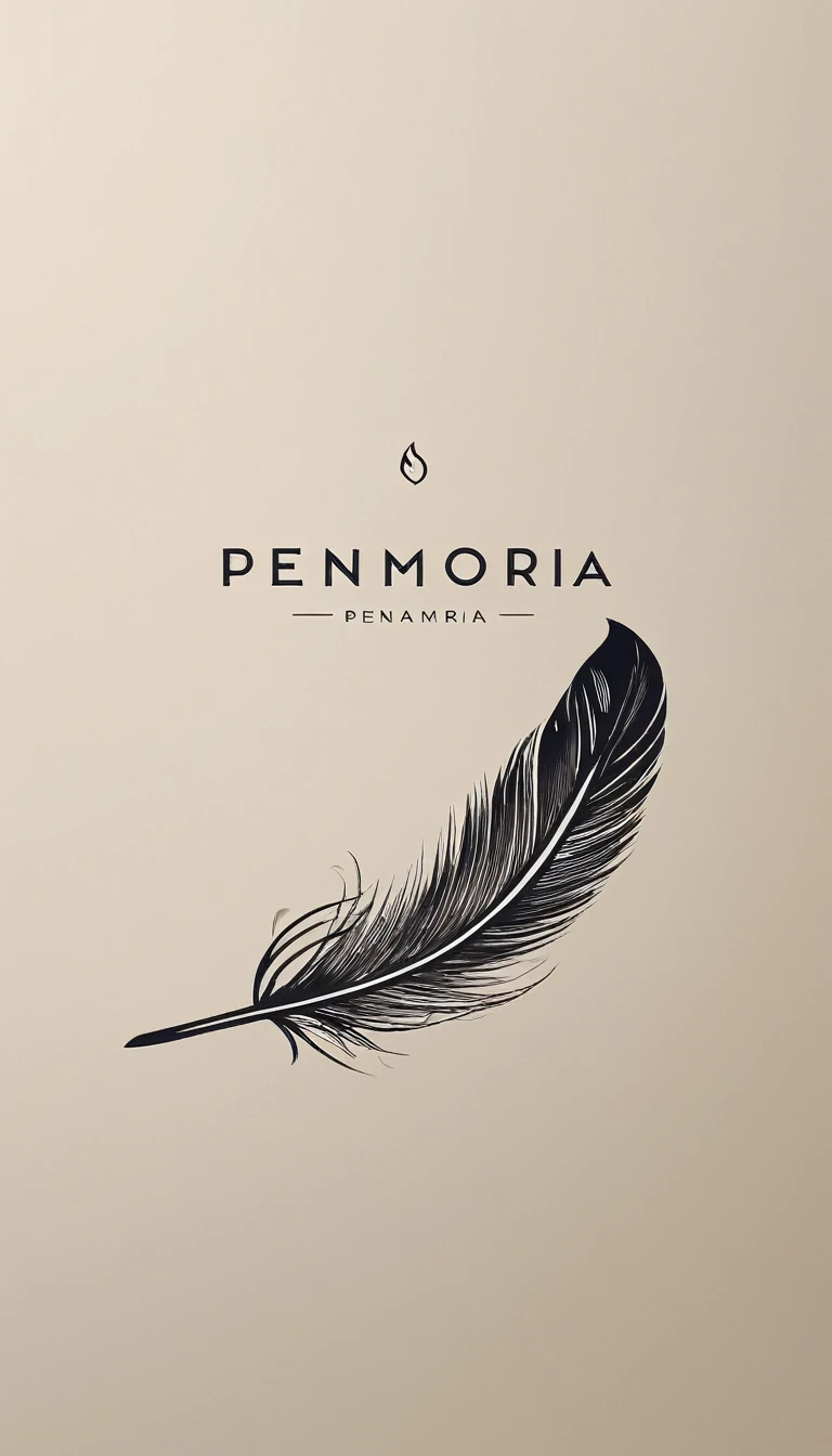 A minimal, modern, simple, cinematic logotype for the brand “Penamemoria". The logotype must be a simple, magical feather. The logo must convey a sense of music, stories and dreams. Logo design impressed on a book cover. Minimalistic logo