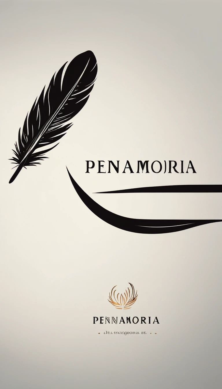 A minimal, modern, simple, cinematic logotype for the brand “Penamemoria". The logotype must be a simple, magical feather. The logo must convey a sense of music, stories and dreams. Logo design impressed on a book cover. Minimalistic logo