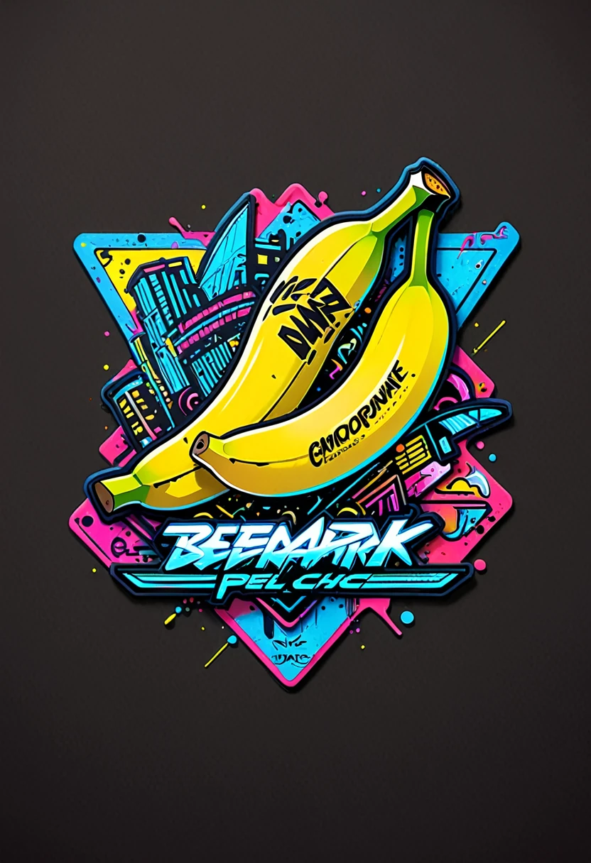 Create a sticker illustration of a banana inspired by the video game Cyberpunk 2077 with a 2D graffiti effect. The sticker should have no background, with only the banana shape and a prominent white outline around the edges. All design elements must be contained within the shape of the banana, and none should extend beyond its edges. The peel of the banana should not be yellow but instead be replaced by the following Cyberpunk 2077 elements, all depicted in a graffiti style: - A deep matte black base for the peel, symbolizing the dark streets of Night City. - Blue neon circuit lines running across the banana’s surface, resembling cybernetic implants, with a spray-paint texture. - The "Samurai" logo near the tip of the banana, designed in a graffiti font and style. - Stickers of in-game brands like Arasaka and Militech, and gang symbols like "The Moxes", all depicted with a street art aesthetic. - Modernized tribal tattoo motifs and hacking icons in red and green neon, rendered with a graffiti effect. - Sections with light effects mimicking the neon lights of Night City, with a pulsating spray-paint effect around the circuits. - A small, metallic chrome-plated label near the base with the inscription "Cyber Choice" in a graffiti font. Ensure the design is vibrant, edgy, and high-tech, with the stylized interior capturing the futuristic and dystopian ambiance of Cyberpunk 2077, all within the iconic shape of a banana. All elements must be contained within the banana and not extend beyond its edges.