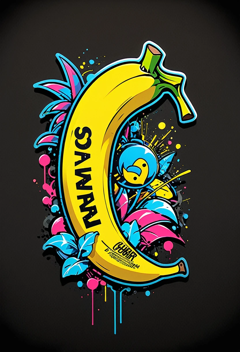 Create a sticker illustration of a banana inspired by the video game Cyberpunk 2077 with a 2D graffiti effect. The sticker should have no background, with only the banana shape and a prominent white outline around the edges. All design elements must be contained within the shape of the banana, and none should extend beyond its edges. The peel of the banana should not be yellow but instead be replaced by the following Cyberpunk 2077 elements, all depicted in a graffiti style: - A deep matte black base for the peel, symbolizing the dark streets of Night City. - Blue neon circuit lines running across the banana’s surface, resembling cybernetic implants, with a spray-paint texture. - The "Samurai" logo near the tip of the banana, designed in a graffiti font and style. - Stickers of in-game brands like Arasaka and Militech, and gang symbols like "The Moxes", all depicted with a street art aesthetic. - Modernized tribal tattoo motifs and hacking icons in red and green neon, rendered with a graffiti effect. - Sections with light effects mimicking the neon lights of Night City, with a pulsating spray-paint effect around the circuits. - A small, metallic chrome-plated label near the base with the inscription "Cyber Choice" in a graffiti font. Ensure the design is vibrant, edgy, and high-tech, with the stylized interior capturing the futuristic and dystopian ambiance of Cyberpunk 2077, all within the iconic shape of a banana. All elements must be contained within the banana and not extend beyond its edges.