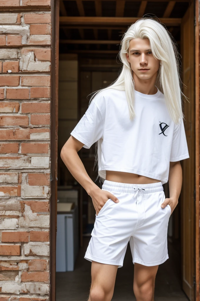 1 beautiful boy, 17 years old, high quality cardboard, split long white hair, cracked shorts