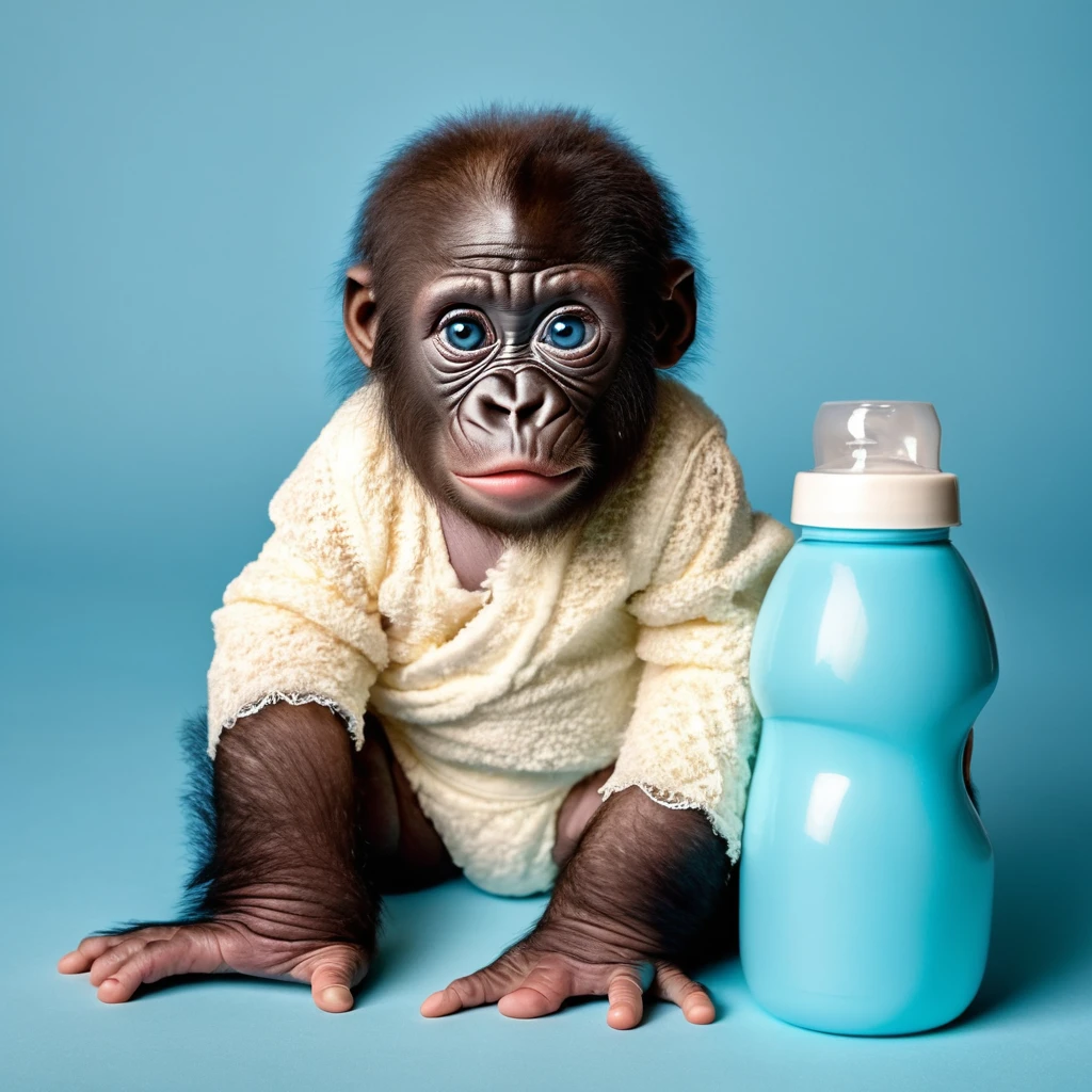 gorilla , baby, big blue eyes, in beautiful clothes, with a bottle in his hand, diapers, on a plain blue background, in full growth,