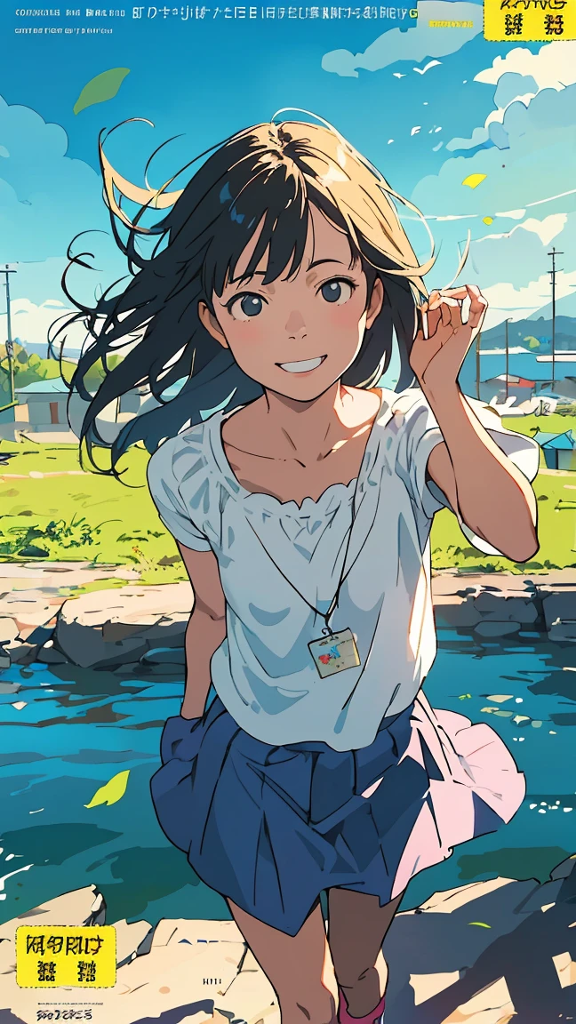 Reasonable design, Clear lines, High Sharpness, (Highest quality,4K,Perfect sharpness,Ultra-fine,High resolution,masterpiece:1.2), Perfect Anatomy:1.5, Official Art, Illustrations that tell a story, (Whitish background:0. 9）、Body Positivity、Diverse physical expressions、（(Random and energetic poses)）、Perfect beauty、Perfect beautiful face、(Strong winds)、Rich expressiveness、Dynamic configuration、smile、Golden ratio composition、colorful、（(Different angles and perspectives))、Anime Drawing Skirt、（Overcoming stereotypes）、 Glowing Skin、（Natural Beauty）、bangs、Straight hair、（Soft and flowing hair）、（countryside）、（Nostalgic atmosphere）、Put it on your feet、（Playful and easygoing）、（diverse characters）、（Graceful posture）、（Sunny atmosphere）、（Bright colors）、Inserted up to the thighs、Skirt fluttering in the wind、Angle from above、Cheerful girl、Weekly magazine cover、