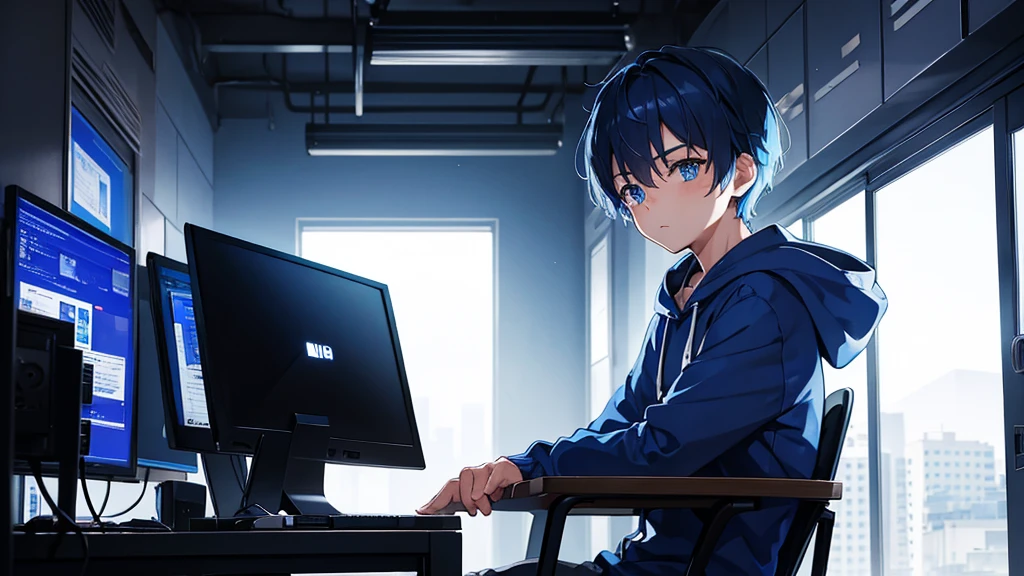 1 boy, short blue hair, blue eyes, wearing a hoodie, sitting in front of a computer, opening a cellphone, high quality, 8k