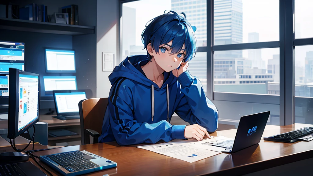1 boy, short blue hair, blue eyes, wearing a hoodie, sitting in front of a computer, opening a cellphone, high quality, 8k