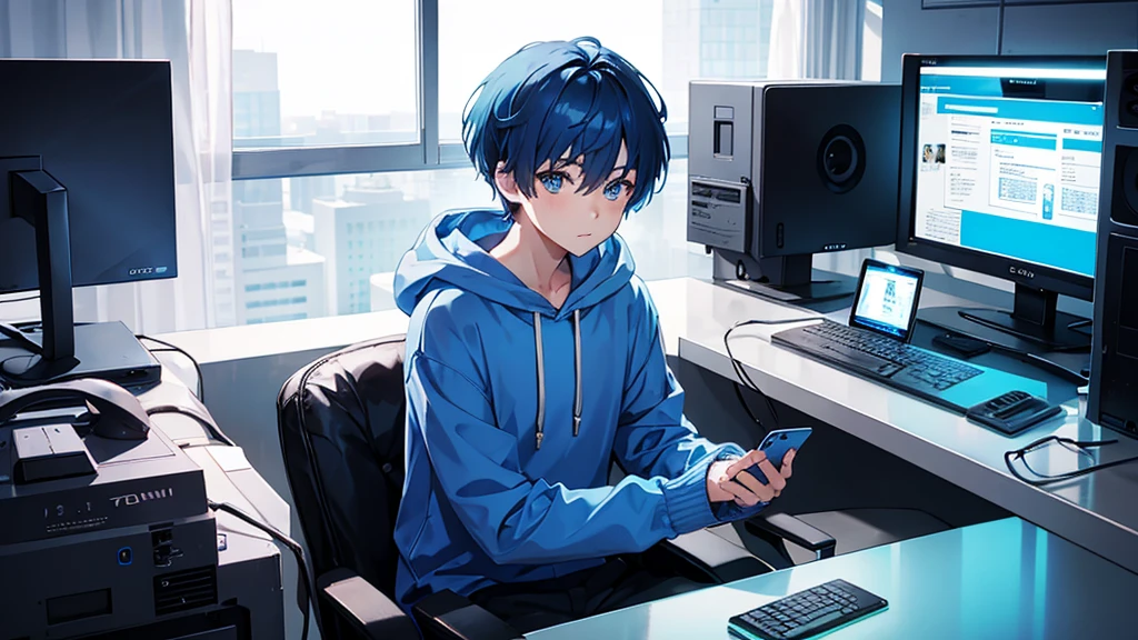 1 boy, short blue hair, blue eyes, wearing a hoodie, sitting in front of a computer, opening a cellphone, high quality, 8k