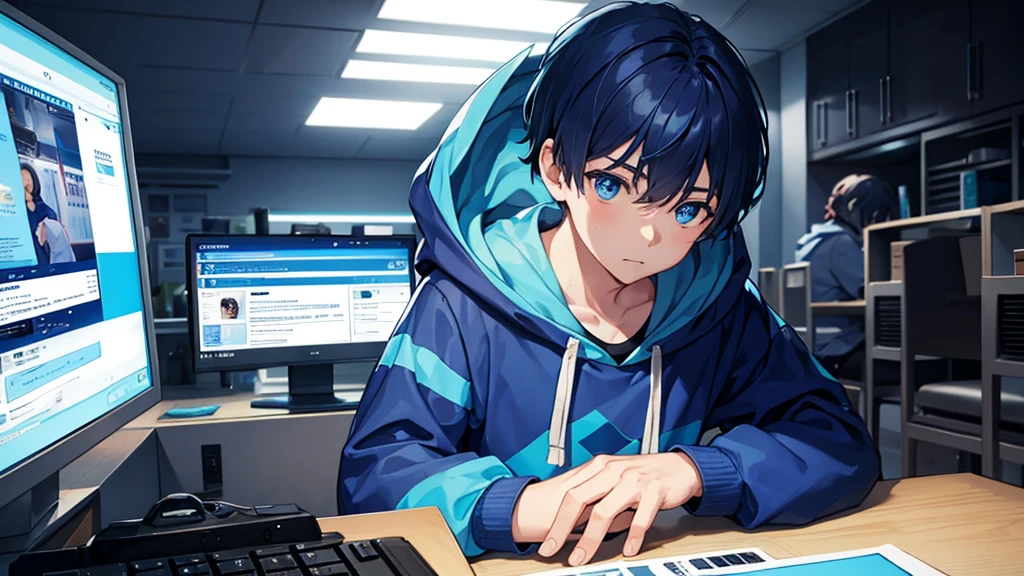 1 boy, short blue hair, blue eyes, wearing a hoodie, sitting in front of a computer, opening a cellphone, high quality, 8k