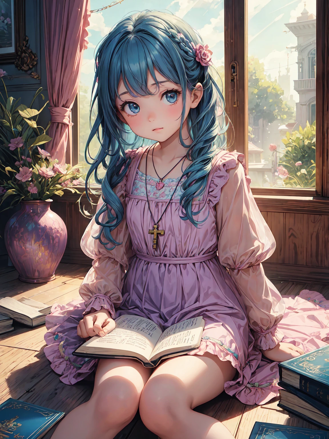 a 7 year old girl with wavy blue hair, wearing a pink and lilac dress, a necklace with a key, sitting on the floor with a book on her lap, happy, children's book character, detailed portrait, beautiful intricate dress, ethereal lighting, soft pastel colors, natural lighting, peaceful expression, detailed facial features, delicate fingers, book in lap, sitting cross-legged, warm color palette, cinematic lighting, photorealistic, digital art, highly detailed, masterpiece.