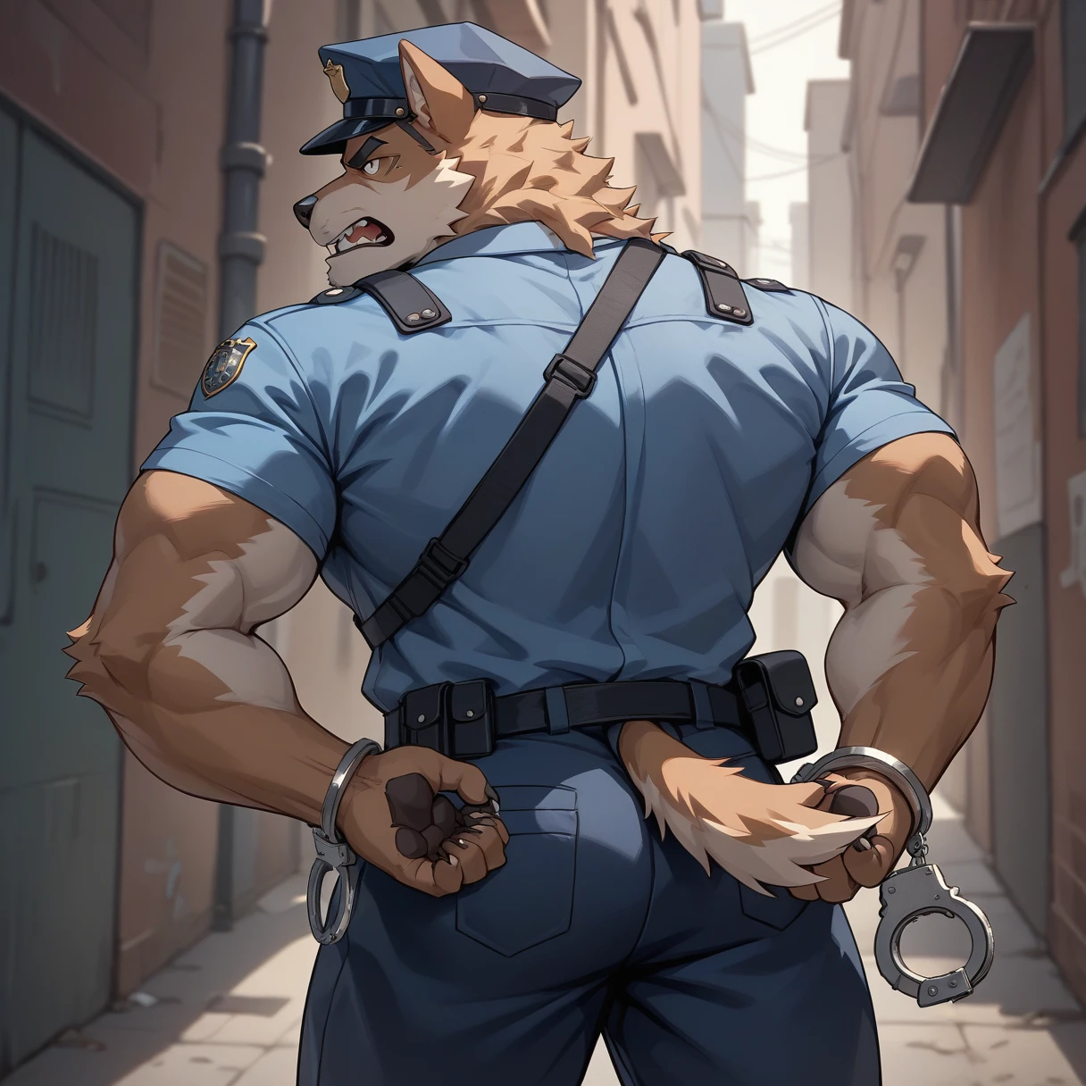 （Furry、dog police officer）、Dark back alley、handcuffs、The front of the clothes is fluttering、Muscular、Estrus、Looks frustrated、Are standing