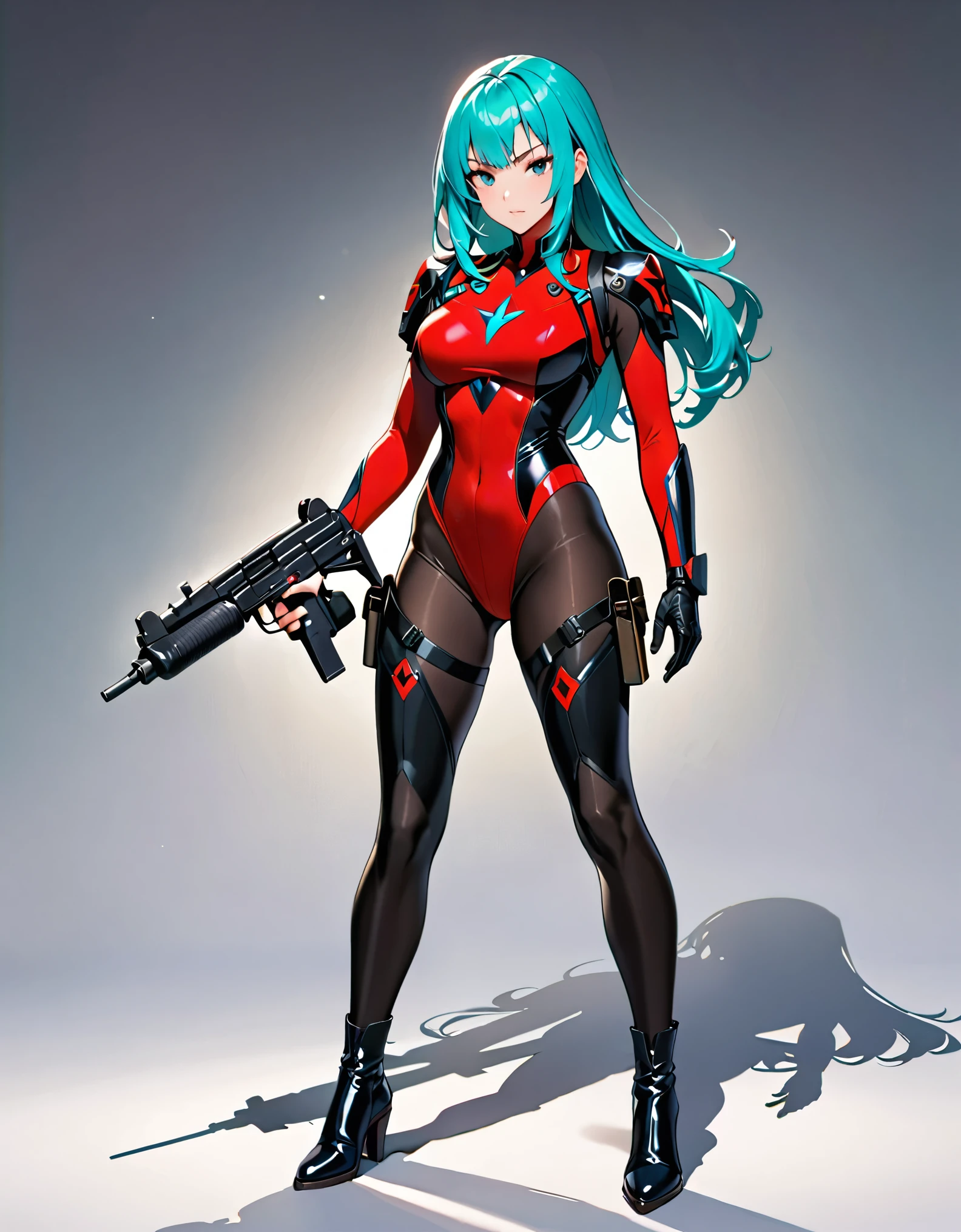 masterpiece, highly detailed, best quality, high quality, 1girl, (solo, solo focus), grey eyes, beautiful detailed eyes, beautiful detailed face, (perfect hands, complete fingers), perfect anatomy, perfect proportions, long aqua hair, (holding (uzi) with one hand), detailed shadows, detailed light, (black skintight bodysuit, (red leotard), shoulder holster), (full black pantyhose, skintight black pantyhose, skintight black leggings, perfect fit), matching boots, full body, serious, full body costume design