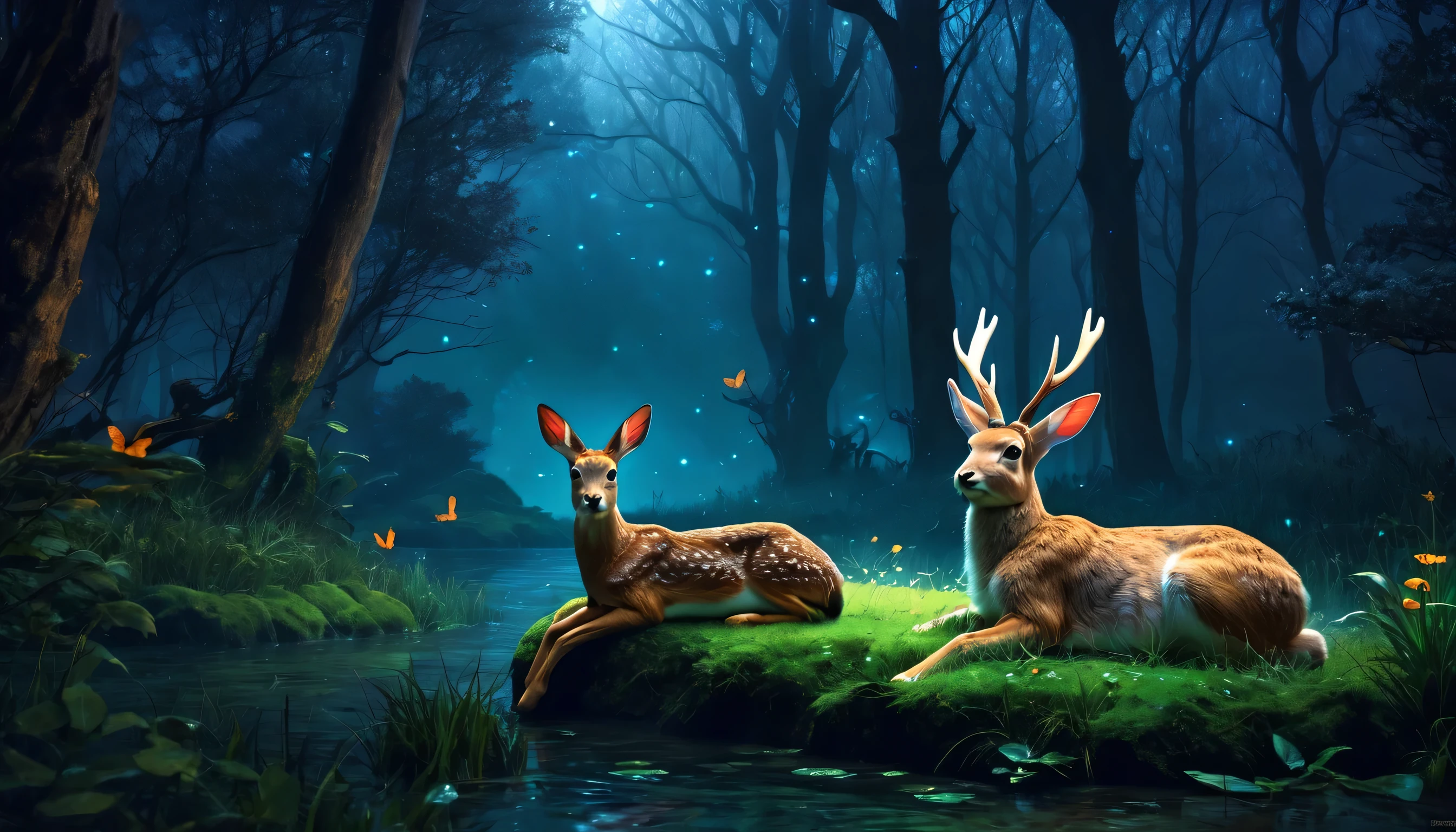 Rainy night forest Fantasy A deer and a rabbit lying down Highest quality