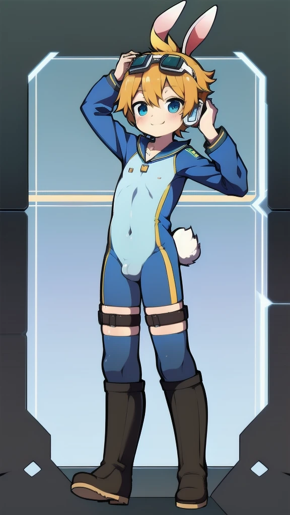 2D Shonen Shota,One-piece suit,Slim, healthy body,Put the headphones on your head,stand up,goggles,Rabbit ears,Happy,Sailor collar,boots,charming,Akimbo