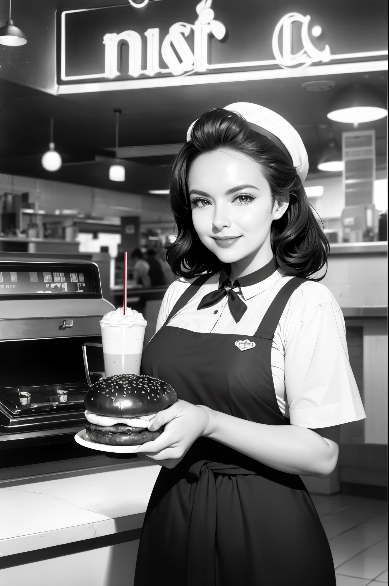 FIX background, woman in a red shirt and black  serving burgers, serving happy meals, operating on burgers, serving fries, commercial photo, candid shot, crisp detail, serving big macs, advertising photo, at the counter, fan favorite, wearing rr diner uniform, crisp details, looking partly to the left, by norman rockwell, working at mcdonalds