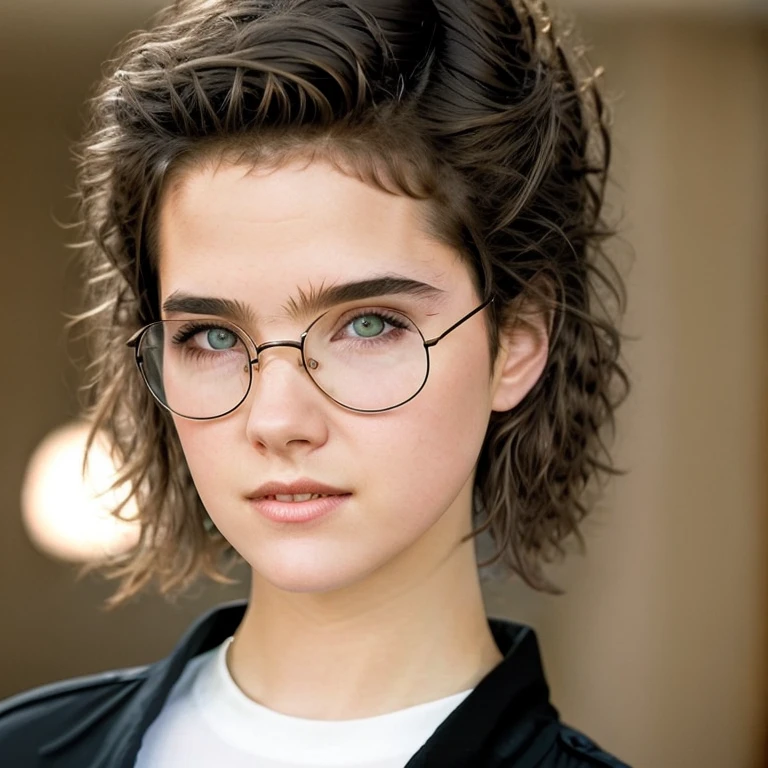 (realisitic. 2010 modern ambience. not too much yellow exposure light. pale light*) (work of art, best qualityer:1.2), Kizi, front face, standing alone. short black hair, Pixie. Kizi, very clear and crystalline green eyes, wearing Harry Potter glasses. She has short, messy hair like a boy's messy hair., men's haircut. she is 15 years old, she is wearing an 80s outfit. adolescent. beautiful.
