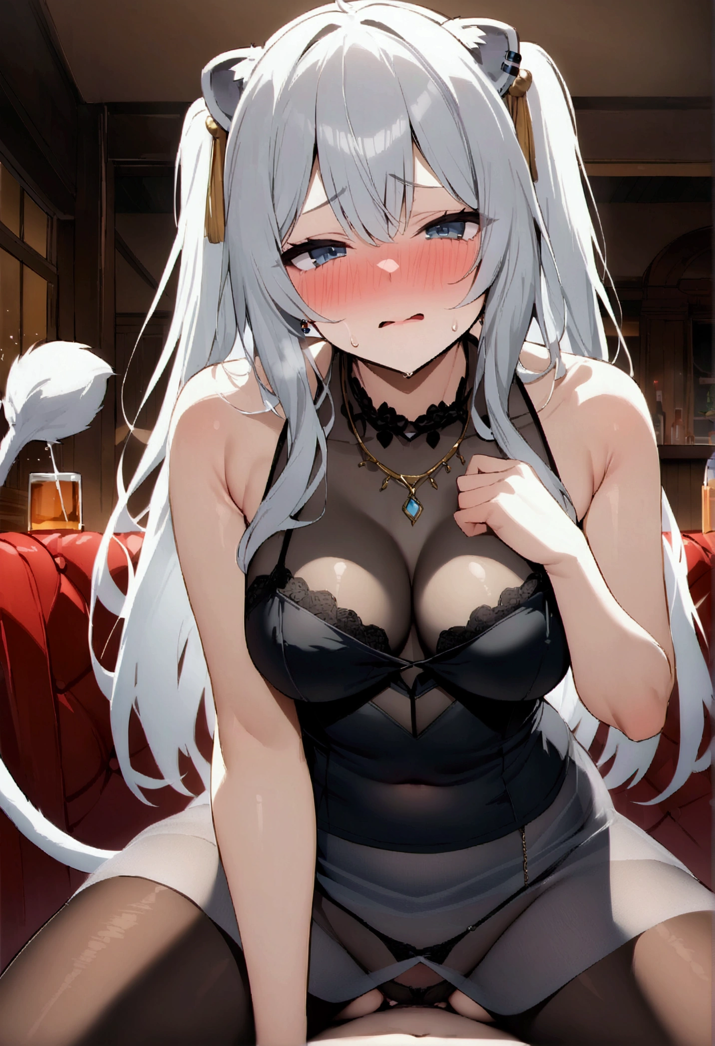 NSFW,masterpiece,Highest quality,High resolution,Super detailed,Shishirabotan\(Hololive\),Long Hair、Two Side Up、Earrings、Lion's Tail,necklace、Black Shirt、Sleeveless shirt、abdomen、See-through、Grey Skirt、片足pantyhose、pantyhose、Off the shoulder,Black sexy panties,Embarrassed,blush,(In heat),Luxurious Room,pub,Private room,sofa,(Drunk),(Intoxication),heart,Sexy pose,Panty shot,(Middle-aged men),(Face-to-face sitting position),(Having sex)