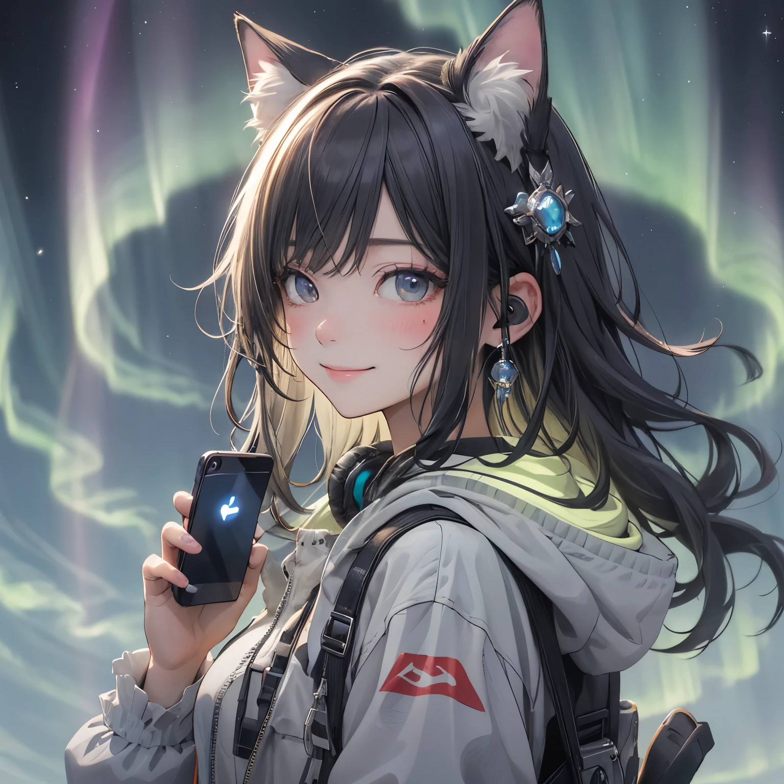 (masterpiece), Highest quality, Ultra-high resolution,Aurora色のリボンをつけた猫、Aurora色の髪、Aurora色の目、Aurora色の服、smile、earphone、smartphone、Aurora