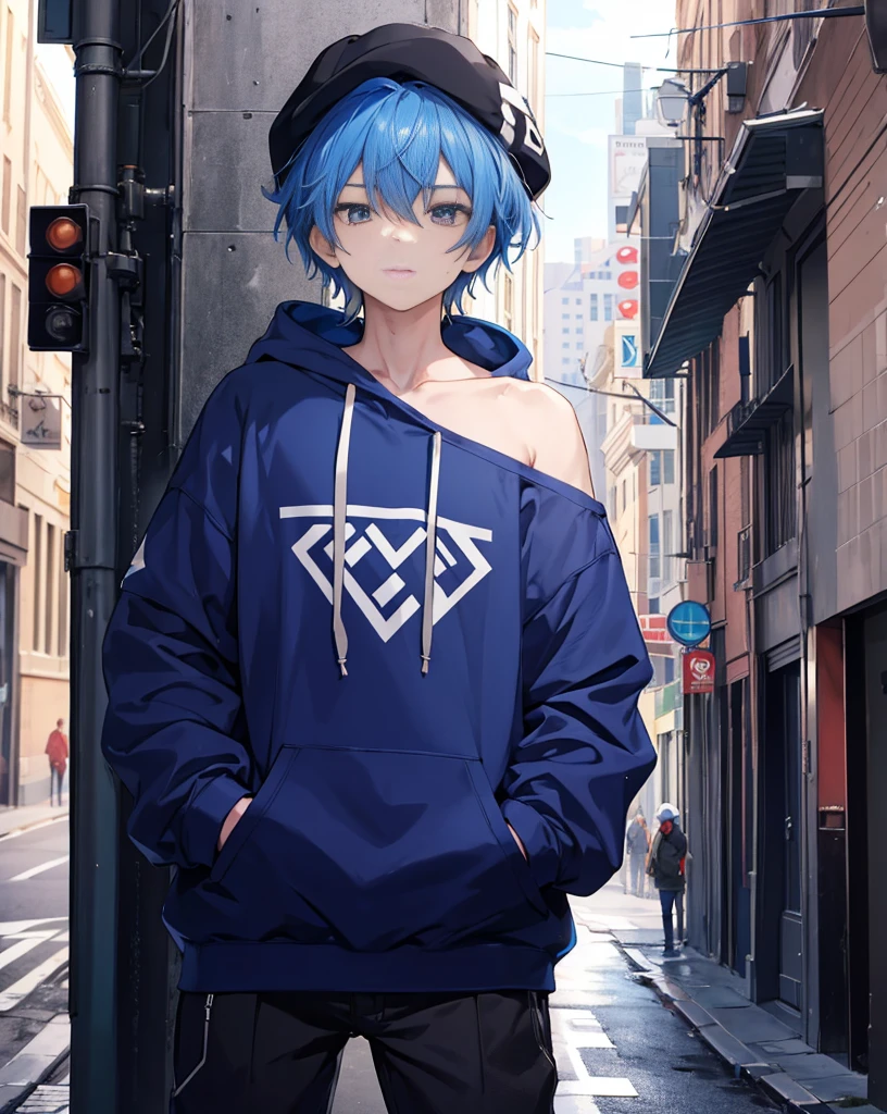 masterpiece,1 boy,Solitary,Blue Hair,hoodie,Off-shoulder:1.2, Thug Hat, street,Hands on Hips, Hands in pockets,