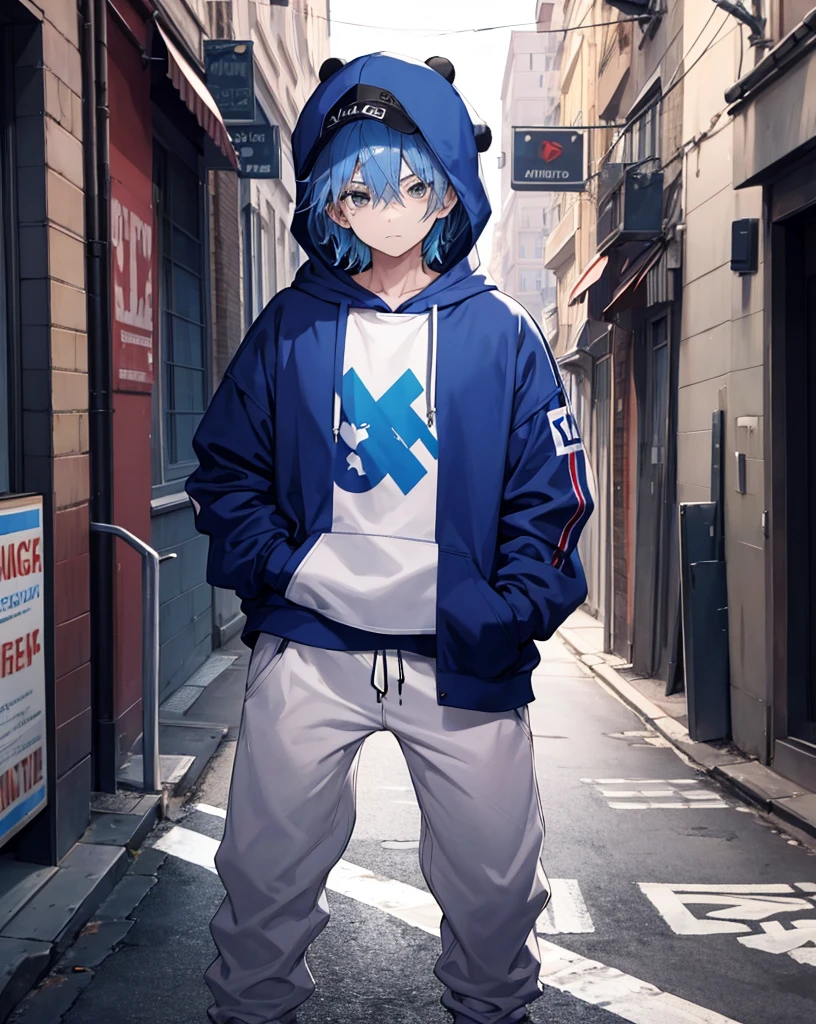 masterpiece,1 boy,Solitary,Blue Hair,hoodie,Off-shoulder:1.2, Thug Hat, street,Hands on Hips, Hands in pockets,