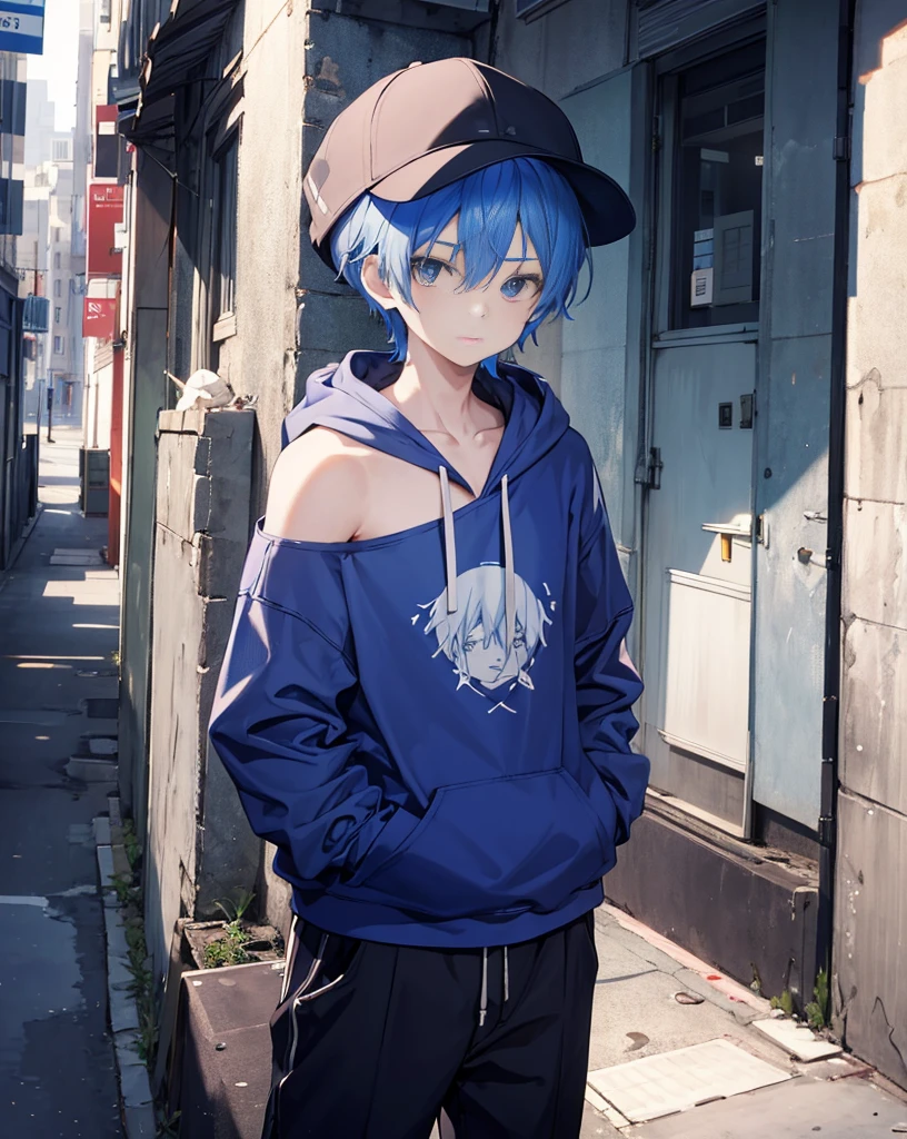masterpiece,1 boy,Solitary,Blue Hair,hoodie,Off-shoulder:1.2, Thug Hat, street,Hands on Hips, Hands in pockets,