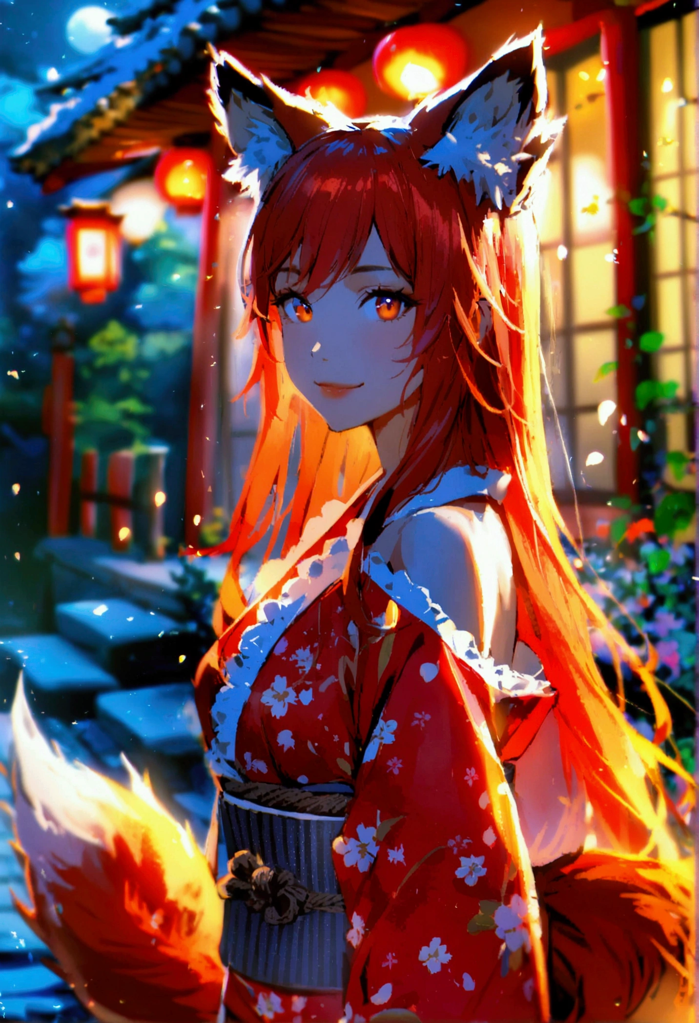 1girl with long red hair, amber eyes, fox ears, slender body, ,fox tail, outdoors, Japanese house, night, smile, walking to camera, POV, red kimono