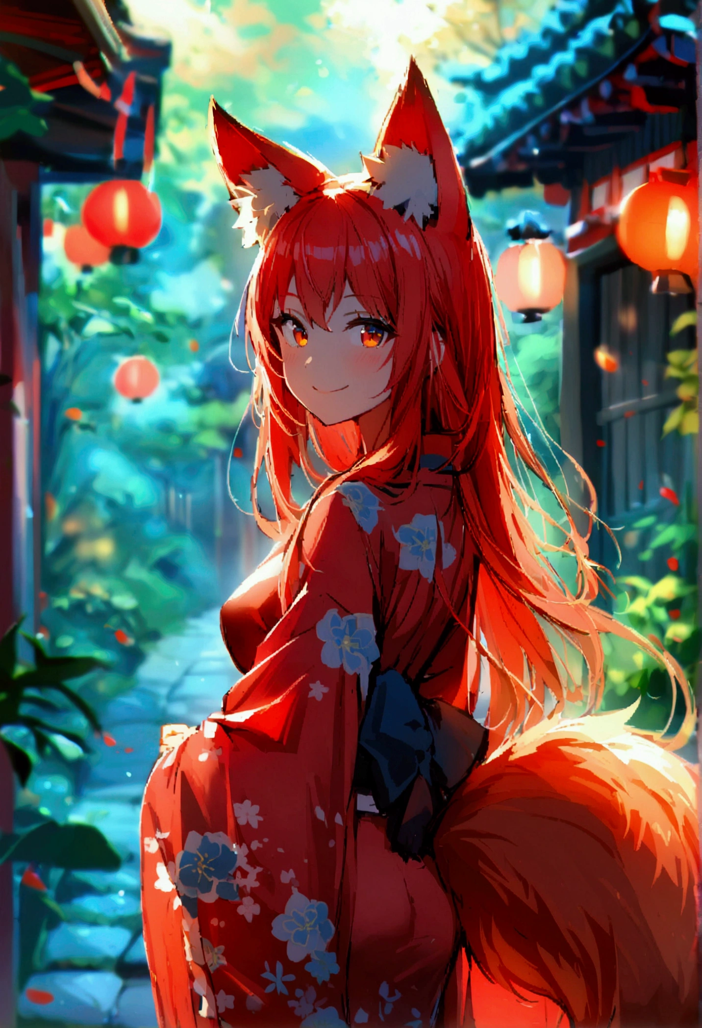 1girl with long red hair, amber eyes, fox ears, slender body, ,fox tail, outdoors, Japanese house, night, smile, walking to camera, POV, red kimono