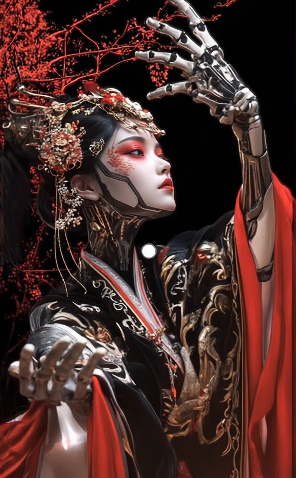 Close-up：A woman，Skeleton on hand，Draped in a red cloak, Japanese 3D 8K Ultra Detailed, Cyberpunk Geisha, Ghost in the Shell Geisha, Complex and gorgeous anime CGI style, Inspired by Ai Xuan, cgsociety and fenghua zhong, Chinese Empress, Inspired by Lan Ying, Beautiful digital artwork, Asian Ultra Detailed