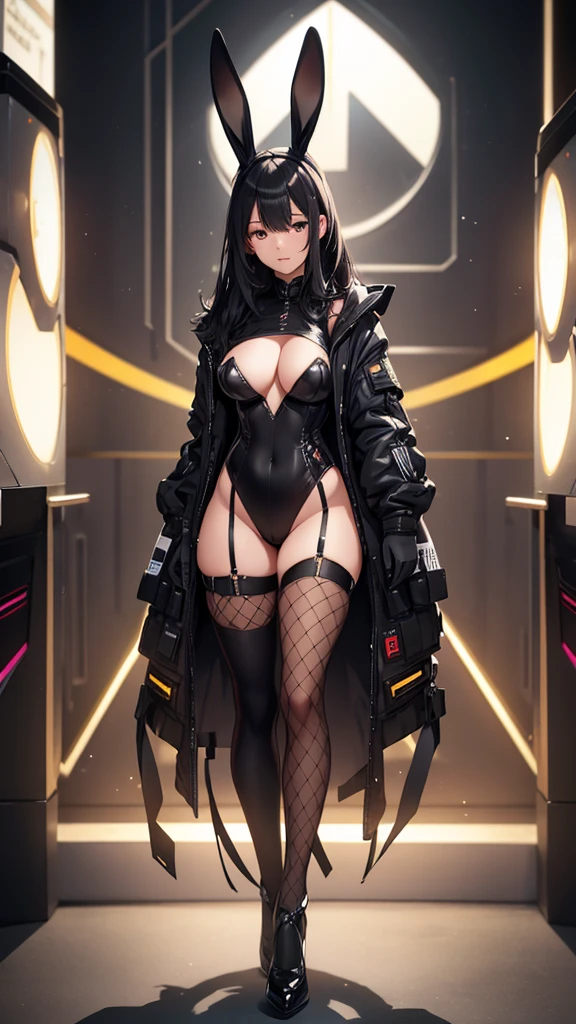 8k, beautiful woman, fine features, black hair, full body, brown skin, black rabbit suit, black fishnet stockings, background very illuminated telecommunication system