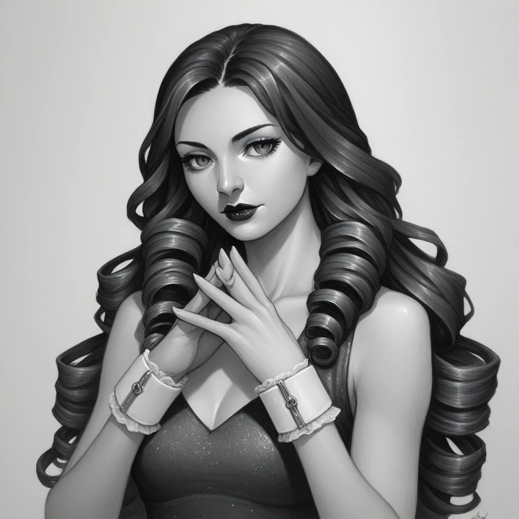 lynn minmay, 1 girl, alone, monochrome, weave, Viewers look at, gown, Long hair, traditional media, the picture, own hands together, black hair, upper body, lipstick, drill hair, Artist name, twin weaves, Bridal cuffs, Sleeveless