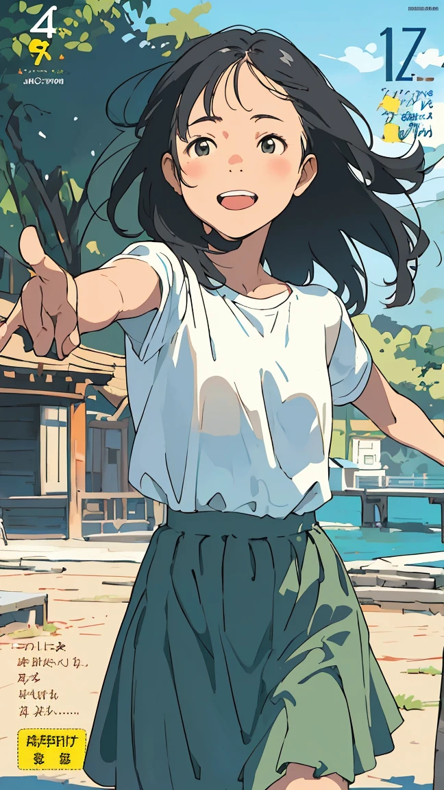 Reasonable design, Clear lines, High Sharpness, (Highest quality,4K,Perfect sharpness,Ultra-fine,High resolution,masterpiece:1.2), Perfect ???????:1.5, Official Art, Illustrations that tell a story, (Whitish background:0. 9）、Body Positivity、Diverse physical expressions、（(Random and energetic poses)）、Perfect beauty、Perfect beautiful face、(Strong winds)、Rich expressiveness、Dynamic configuration、smile、Golden ratio composition、colorful、（(Different angles and perspectives))、Anime Drawing Skirt、（Overcoming stereotypes）、 Glowing Skin、（Natural Beauty）、bangs、Straight hair、（Soft and flowing hair）、（countryside）、（Nostalgic atmosphere）、Put it on your feet、（Playful and easygoing）、（diverse characters）、（Graceful posture）、（Sunny atmosphere）、（Bright colors）、Inserted up to the thighs、Skirt fluttering in the wind、Angle from above、Cheerful girl、Weekly magazine cover、