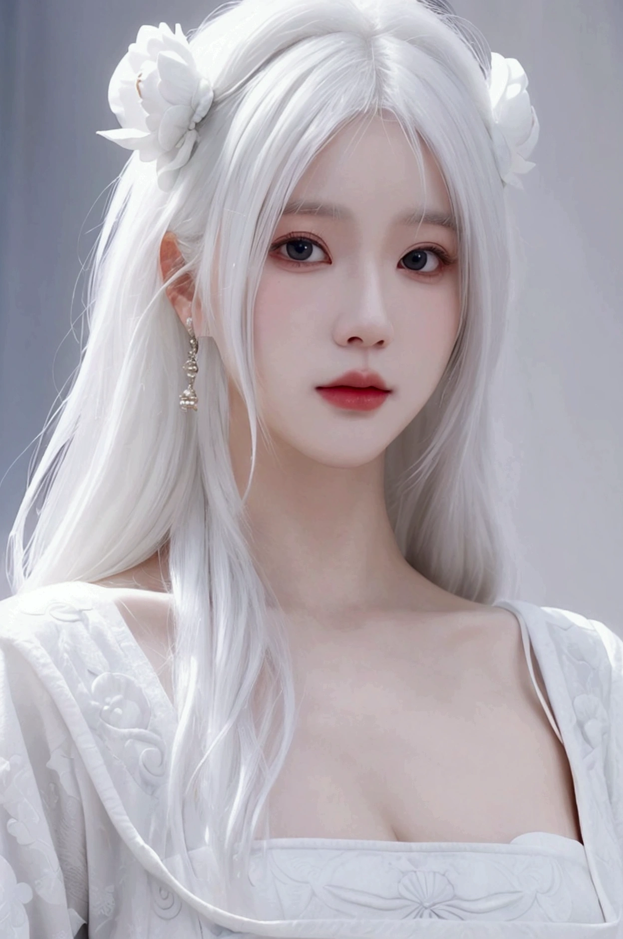 Close-up of a white-haired woman wearing a white mask, beautiful figure painting, Guvez, artwork in the style of Guvez, White-haired god, author：Yang J, Epic and beautiful character art, Stunning character art, author：Fan Qi, by Wuzhun Shifan, Guvez on pixiv artstation