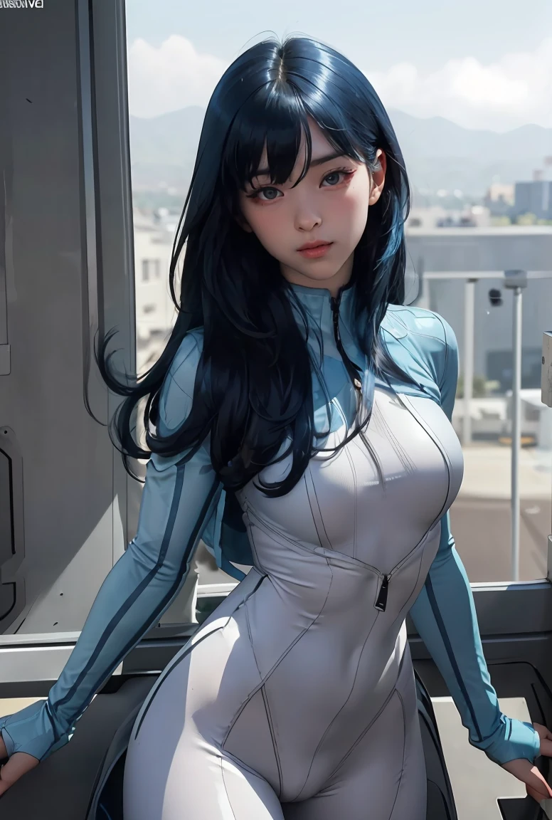 (masterpiece, best quality), 1girl,    AeroMarvel, 1girl, solo, long hair, blue eyes, large breasts, black hair, blue hair, white bodysuit,