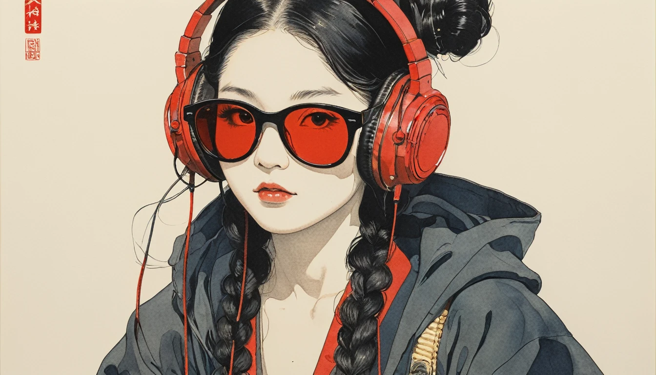 Looking down, Jet Blackの着物を着たロングヘアの女の骸骨, sunglasses, Katsushika Hokusai, Ink Painting, Japanese style headphones, Modern ukiyo-e style, Jet Black, Red eyes