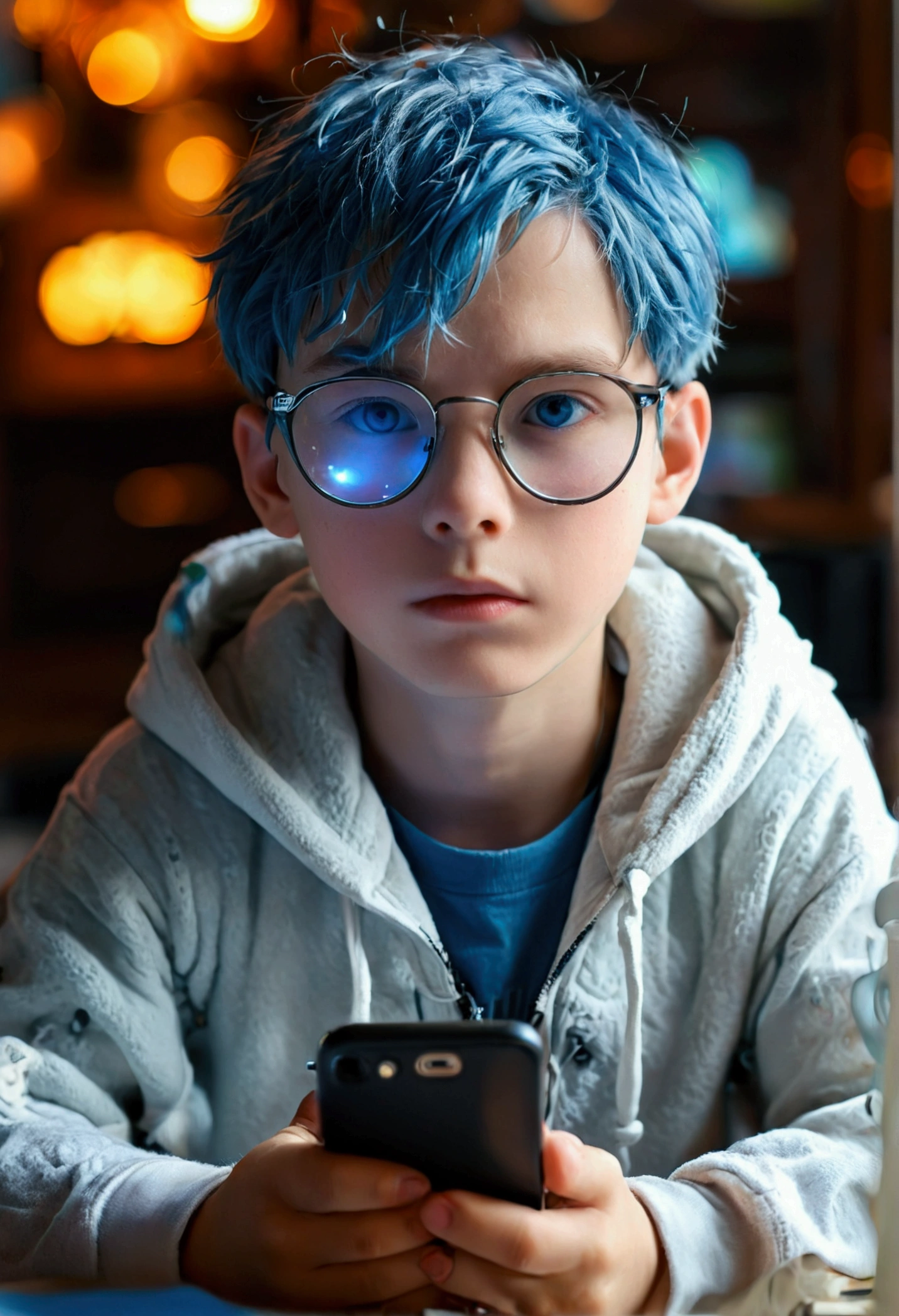 1 boy, short blue hair, blue eyes, wearing white glasses, wearing a hoodie, sitting in front of a computer, opening a cellphone, high quality, 8k