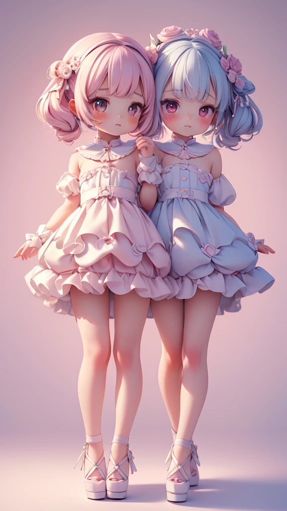 ((petite bishojo, little 2girls)), ((cute face)), ((cute puffy eyes)), ((masterpiece)), ((best quality)), ((ultra detailed)), ((exquisite)), ((depth)), ((crisp)), ((8k)), ((beautiful and aesthetic)), (super detailed skin), ((high standard)), ((highres)), ((perfect anatomy)), (full body), (blush), (rouge), (wee little), (beautiful fingers)
