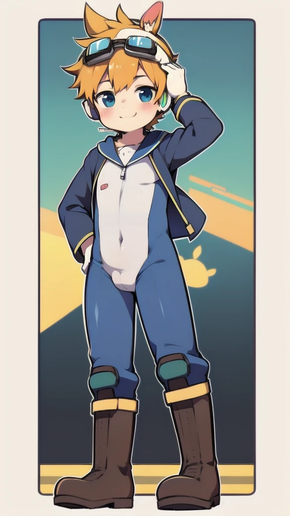 2D Shonen Shota,One-piece suit,Slim, healthy body,Put the headphones on your head,stand up,goggles,Rabbit ears,Happy,Sailor collar,boots,charming,Akimbo