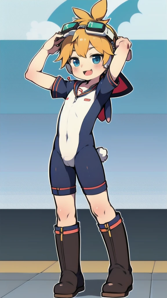 2D Shonen Shota,One-piece suit,Slim, healthy body,Put the headphones on your head,stand up,goggles,Rabbit ears,Happy,Sailor collar,boots,charming,Akimbo