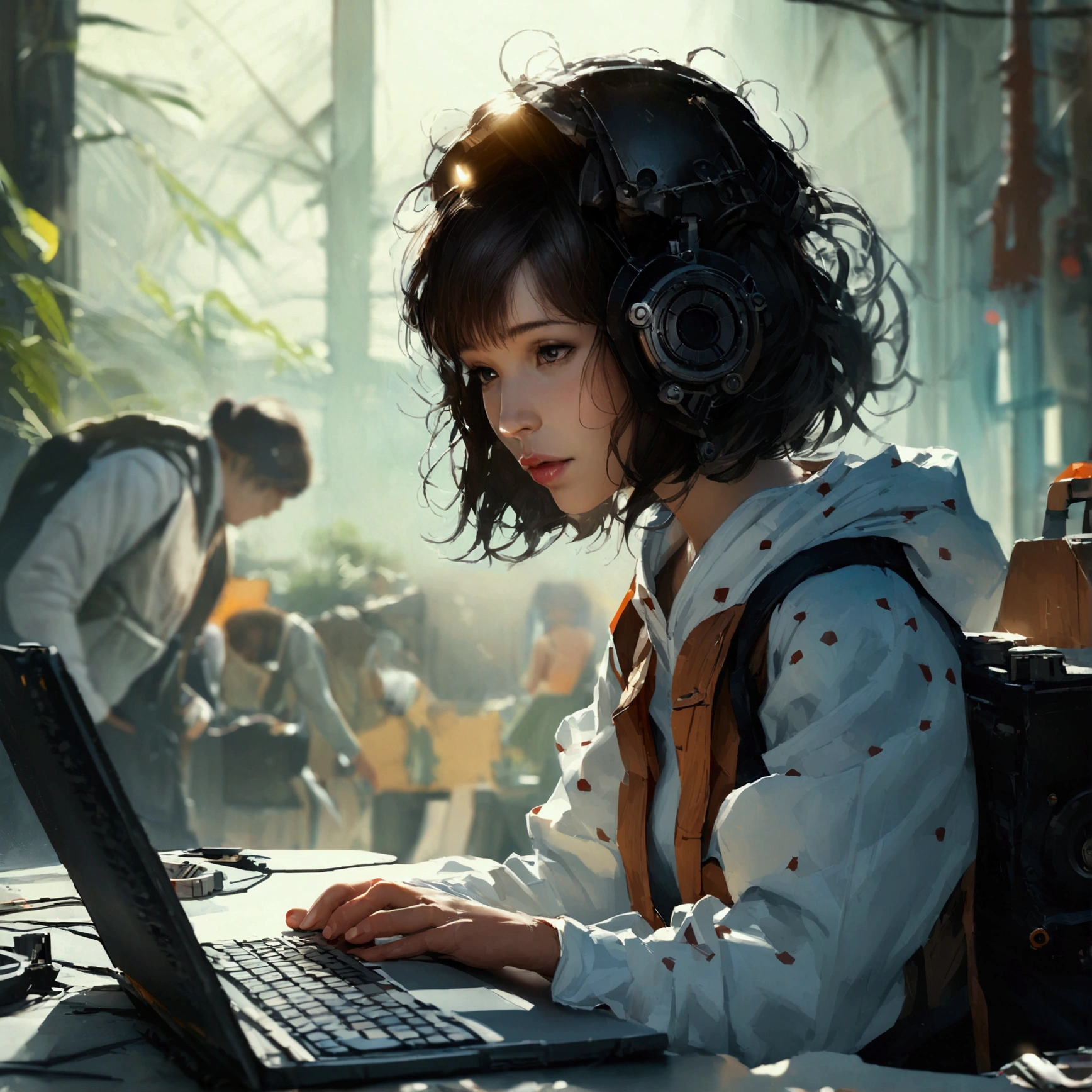 Realistic image, Deep Down Gear, There is a person working on a laptop in the foreground.
